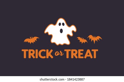 Cute cartoon ghost with trick or treat text design. Funny Halloween illustration.