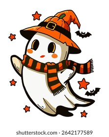 a cute cartoon ghost wearing a festive orange and black striped scarf and a pumpkin-themed witch's hat.