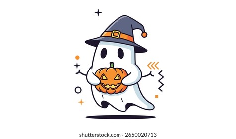 Cute cartoon ghost wearing a witch hat holding a jack o lantern for halloween celebrations and spooky events