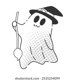 Bonito desenho animado fantasma bruxa segurando vassoura, Vetor