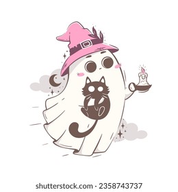 cute cartoon ghost in a witch's hat carries a cat in his arms, lighting the way with a candle. Halloween character vector illustration in pink retro colors