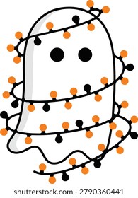 Cute Cartoon Ghost Wrapped in Orange and Black Halloween String Lights