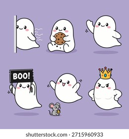 Colección linda de fantasmas de dibujos animados con diversas expresiones y acciones