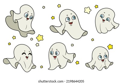 Cute cartoon ghosts color variation for coloring page on white background