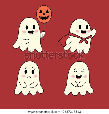 Cute cartoon ghosts with different expressions and a ghost holding a pumpkin lantern. Perfect for Halloween designs, social media posts, and festive decorations