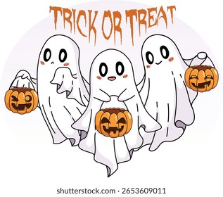 Fantasmas bonitos segurando cestas de Jack-o'-lanterna. Gráfico de Truque ou Trate de Assustador