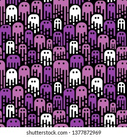 Cute cartoon ghosts on a black background. Vector seamless pattern. Use in the design of Halloween or for children's pattern.
