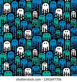 Cute cartoon ghosts on a black background. Vector seamless pattern. Use in the design of Halloween or for children's pattern.