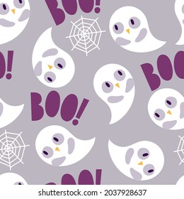 Cute cartoon ghosts seamless pattern with spiderweb and boo text elements. Neutral kids design for clothes, nursery decor, paper, cover, fabrics and Halloween party celebration