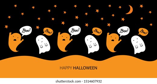Cute cartoon ghosts talking Boo on the background of the night starry sky and the month. Cartoon Doodle. Stylish orange, black and white color. Funny Halloween characters. 