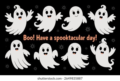 Cute cartoon ghosts with text boo have a spooktacular day silhouette