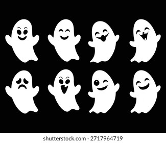 Fantasmas lindos de la historieta con diversas expresiones blancas