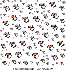 Cute cartoon ghosts wearing orange wizard hats seamless pattern background