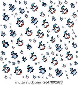 Cute cartoon ghosts wearing witch hats seamless pattern background