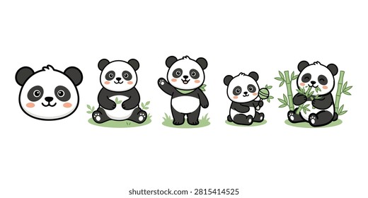 Cute cartoon giant panda character vector set, adorable black and white pandas eating bamboo and waving.