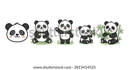Cute cartoon giant panda character vector set, adorable black and white pandas eating bamboo and waving.