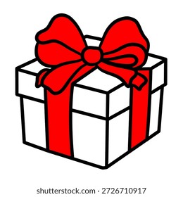 Una linda caja de regalo de dibujos animados con un lazo rojo brillante y una cinta. Este doodle de Vector dibujado a mano tiene contornos gruesos. Conveniente para el año Nuevo, el día de San Valentín, las ventas de compras, o los temas generales de la celebración.