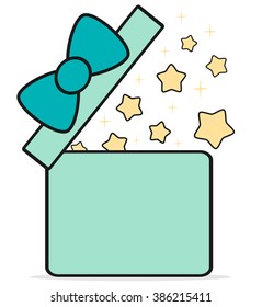 cute cartoon gift box open with stars vector illustration