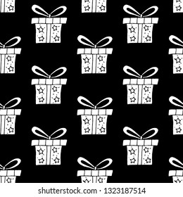 Cute cartoon gift box print with hand drawn gifts. Sweet vector black and white gift box print. Seamless monochrome doodle gift box print for textile, wallpapers, wrapping and cards.