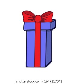 Cute cartoon gift box with red bow, flat style. Flat cartoon vector colorful illustration.