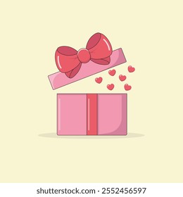 Cute Cartoon Gift Box with Red Bow and Little Hearts, Love Gift, Valentine's Day Vector Illustration.