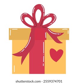 Cute cartoon gift box with ribbon and bow in flat style. Happy Valentines day surprise.