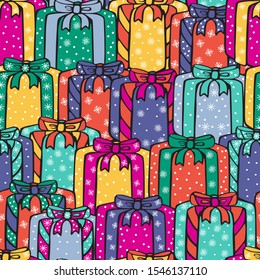 Cute cartoon gift boxes with bows and decorated with snowflakes . Winter Christmas colorful vector hand drawing.