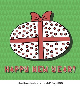 Cute cartoon gift on background with firtrees Greeting card. Happy new year. Merry christmas. Vector illustration. 
