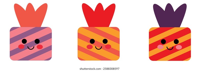 Cute Cartoon Gifts in Bright Colorful Designs. Playful and vibrant illustrations of cartoon square faces with cheerful patterns and colors, exuding creativity and joy. Perfect for designs targeting 