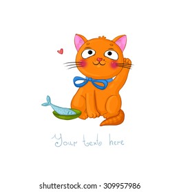 Cute cartoon ginger cat, bow, bowl and fish on a white background. Hand drawn vector.