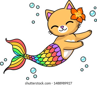 Cute cartoon ginger cat with rainbow mermaid tail surrounded by bubbles. Vector illustration for kids isolated on white background