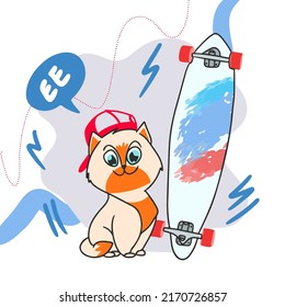 Cute cartoon ginger cat in a red cap rides a longboard, has fun, skateboarding, drive, summer, draws in doodle style