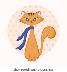 Cute cartoon ginger cat with scarf. Cute smiling cat sitting. Vector drawing of a cat for a nursery, clothes or logo