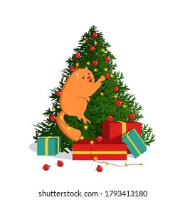 Cute cartoon ginger cat sits on the Christmas tree. Concept for funny postcard, Merry Christmas and Happy New Year, stickers. Isolated vector illustrations.