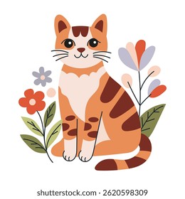 Cute cartoon ginger cat with stripes sitting among colorful spring flowers and leaves. Flat vector illustration soft colors and botanical elements, for children’s designs, cards, or prints.
