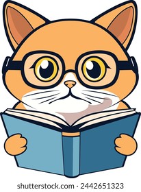 Cute cartoon ginger kitten reading a blue book illustration.