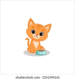 lindo gatito de caricatura sentado cerca de un tazón de comida. Gato aislado de fondo blanco. Vector