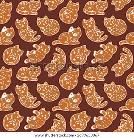 Cute cartoon gingerbread cat cookie seamless pattern. Simple, adorable hand drawn doodles on brown background. Christmas vector illustration.