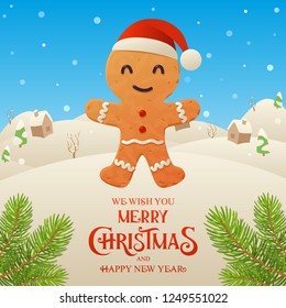 Cute cartoon gingerbread character Merry Christmas and Happy New Year background vector