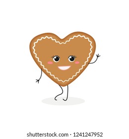 Cute cartoon gingerbread cookie in the shape of a heart. Vector flat illustration isolated on white background