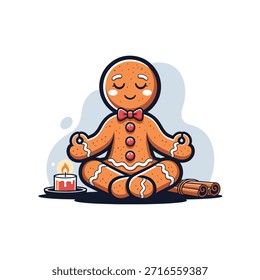 A cute cartoon gingerbread man with a bow tie sits peacefully in a meditative yoga pose, eyes closed, beside a lit candle and cinnamon sticks, on a white background.