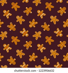 Cute cartoon gingerbread man, christmas traditional cookies seamless pattern background.