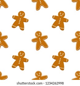 Cute cartoon gingerbread man, christmas traditional cookies on white seamless pattern background.