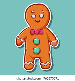 Cute cartoon gingerbread man cookie vector sticker. Christmas character isolated on background.