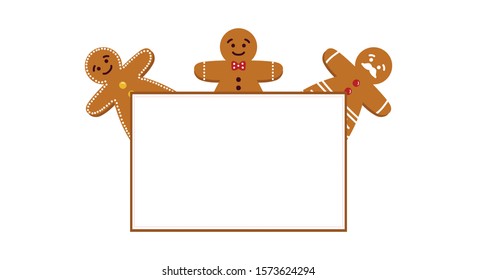 Cute cartoon gingerbread men with empty, blank card, background for winter holidays, christmas party.
