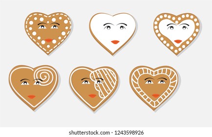 Cute cartoon gingerbreads cookie in the shape of a heart. Vector flat illustration isolated on the gray background 