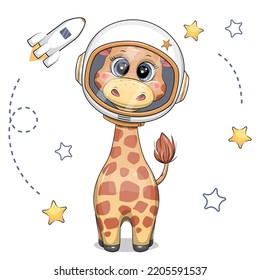 Cute cartoon giraffe astronaut with stars and spaceship. Space vector illustration on white background.