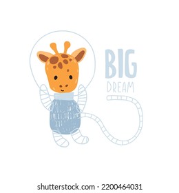 Cute cartoon giraffe. astronaut. Vector print for children room, fabric, paper, greeting card, postcard, card, t shirt, poster, textile. Vector illustration