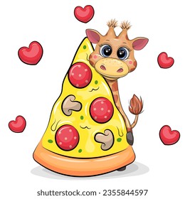 Cute cartoon giraffe with a big piece of pizza. Vector illustration of animal on a white background with red hearts.