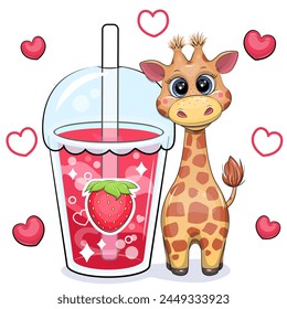 Cute cartoon giraffe with a big strawberry drink. Vector illustration of animal and a cup of red water on a white background with red hearts.